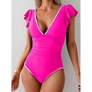 Pink Ruffle One Piece Swimsuit V Neck Open Back Bathing Suit (Medium)